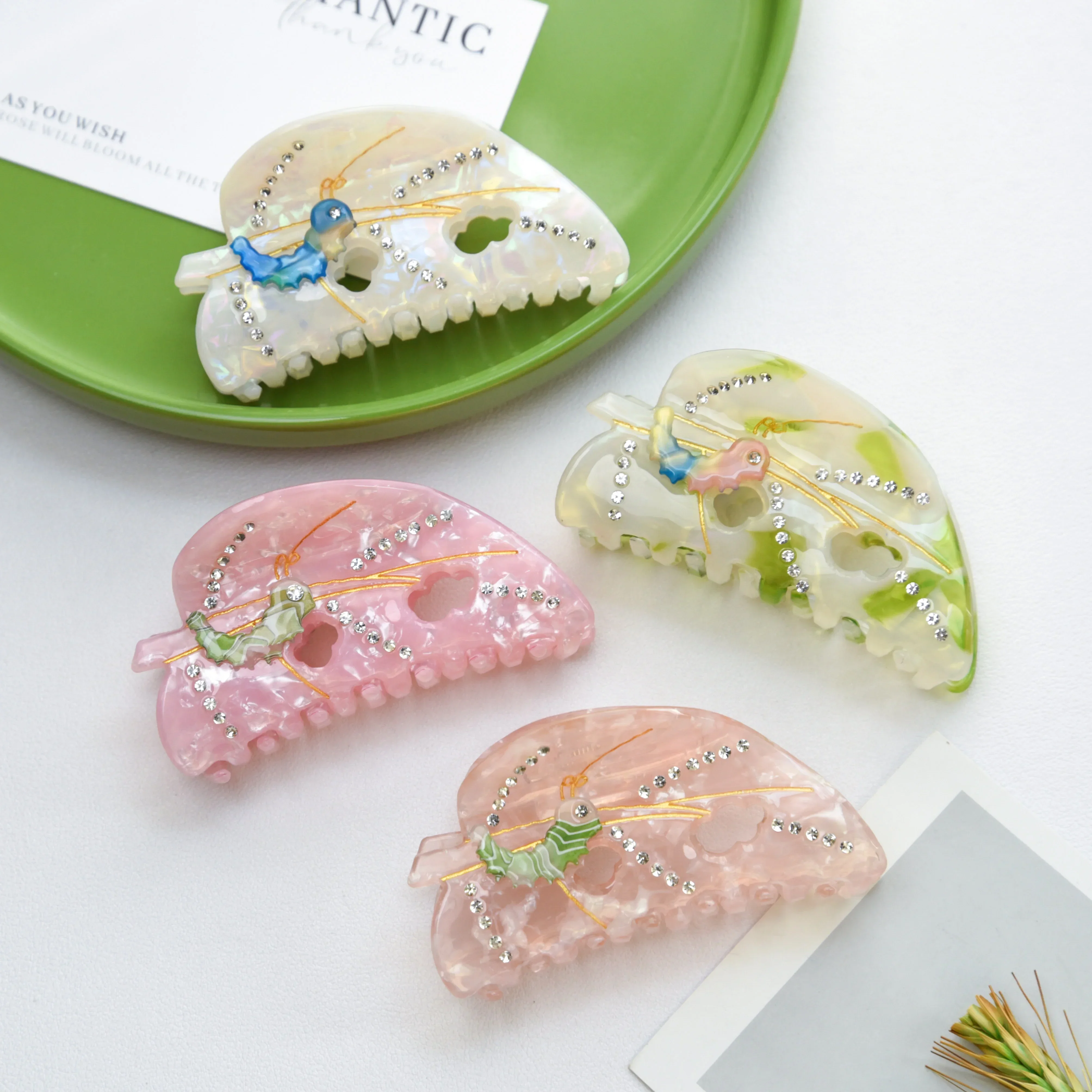 

Caterpillar and Leaves Hair Claw Rhinestone Design Fashion Style Acetate Hair Claw Clips Hair Accessories for Women Girls