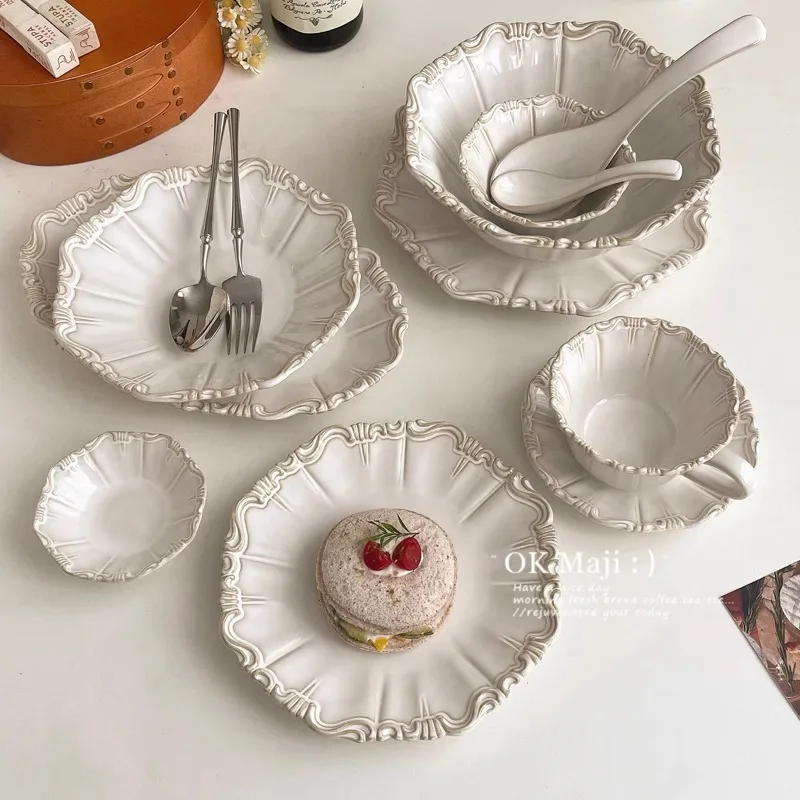 

Французская тарелка, креативная рельефная тарелка, тарелка для западной еды, бытовая средневековая посуда, керамическое блюдо, ретро-торт, десертная тарелка