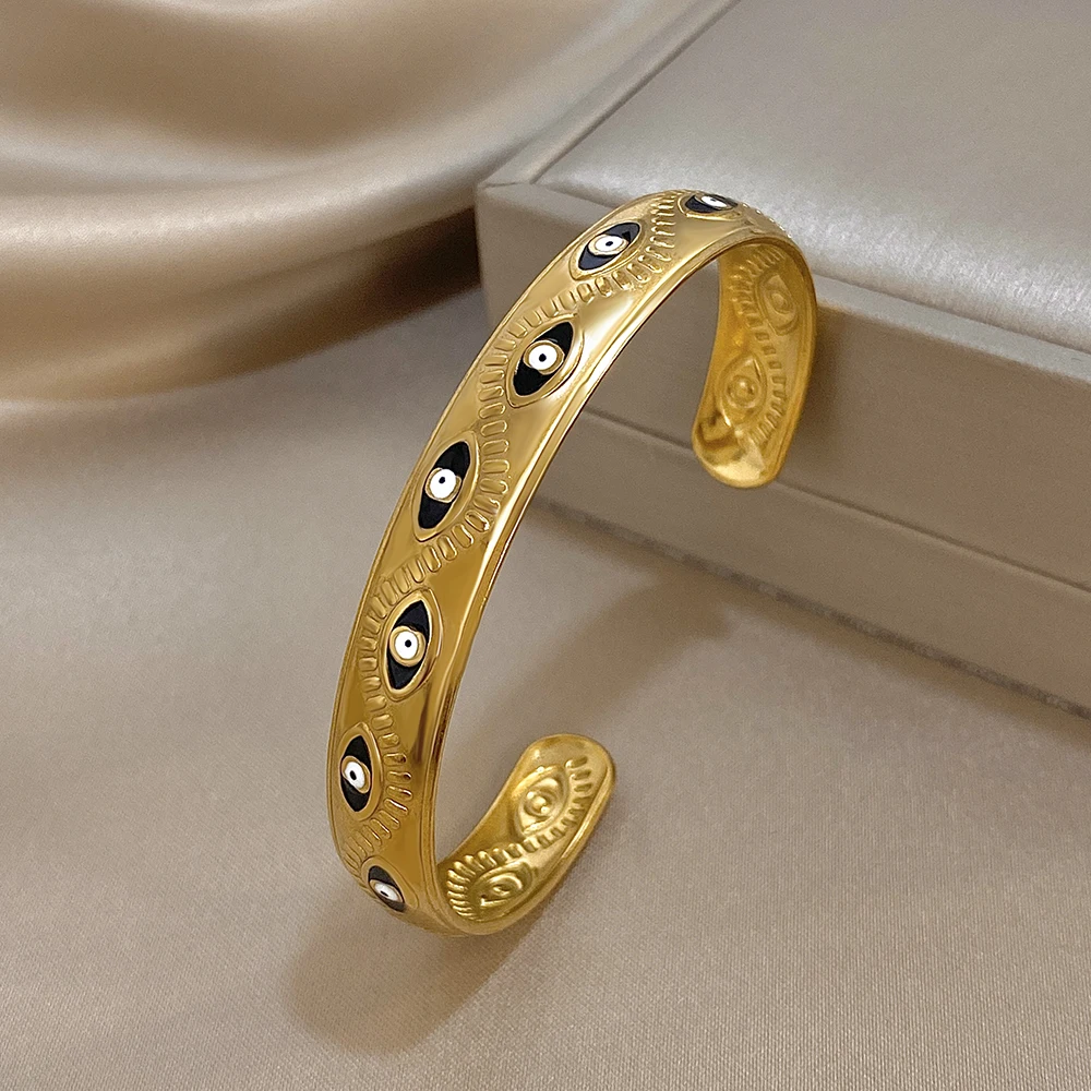 

Freetry Vintage Stainless Steel Gold Color Open Bangle Bracelet for Women Gothic Black Eye Charm Bangle Waterproof Hand Jewelry