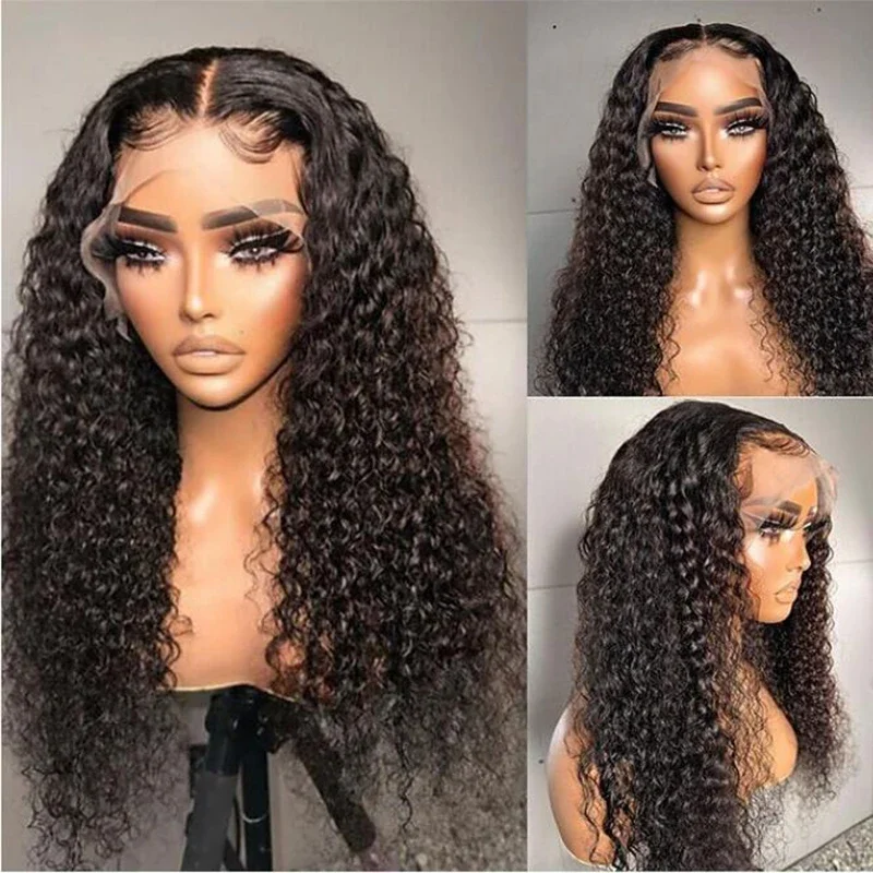 Soft 180Density Preplucked Natural Black 26Inch Kinky Curly Long Deep Lace Front Wig For Women With Baby Hair Glueless Daily