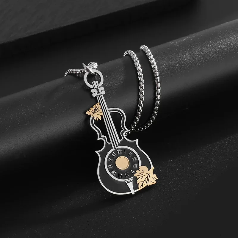 Stainless Steel Black Oil Drop Maple Leaf Clock Guitar Pendant Necklace for Men Women Rock Hip Hop Music Party Jewelry Gifts