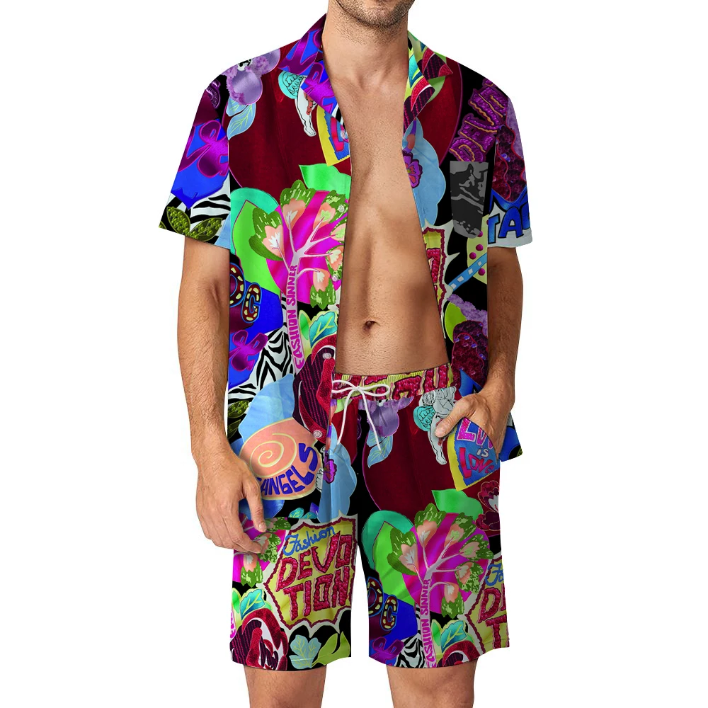 Luxurious and handsome men\'s Hawaiian beach set, short sleeved shirt and shorts, casual summer vacation travel set