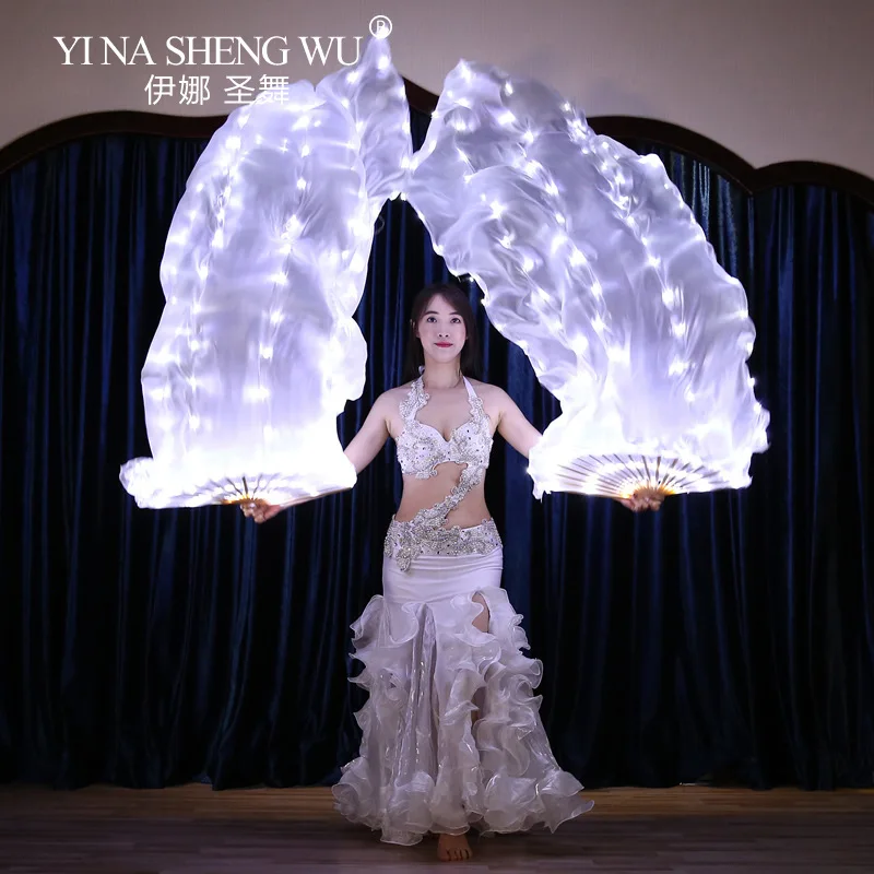 Akumulatorowe wachlarze LED z prawdziwego jedwabiu, jednoczęściowe, jedna para, praworęczne, leworęczne, 180 cm, akcesoria do tańca brzucha na scenę.