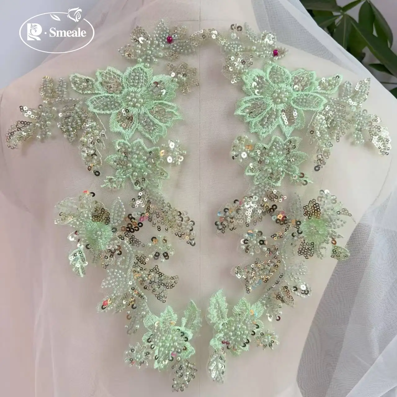 10 Stück/2 Stück. Bestickte Spitze mit mehrfarbigen Perlen, Perlenstickerei, Blumen-Pailletten, handgemachter DIY-Spitzen-Applikations-Patch. – Detail 3