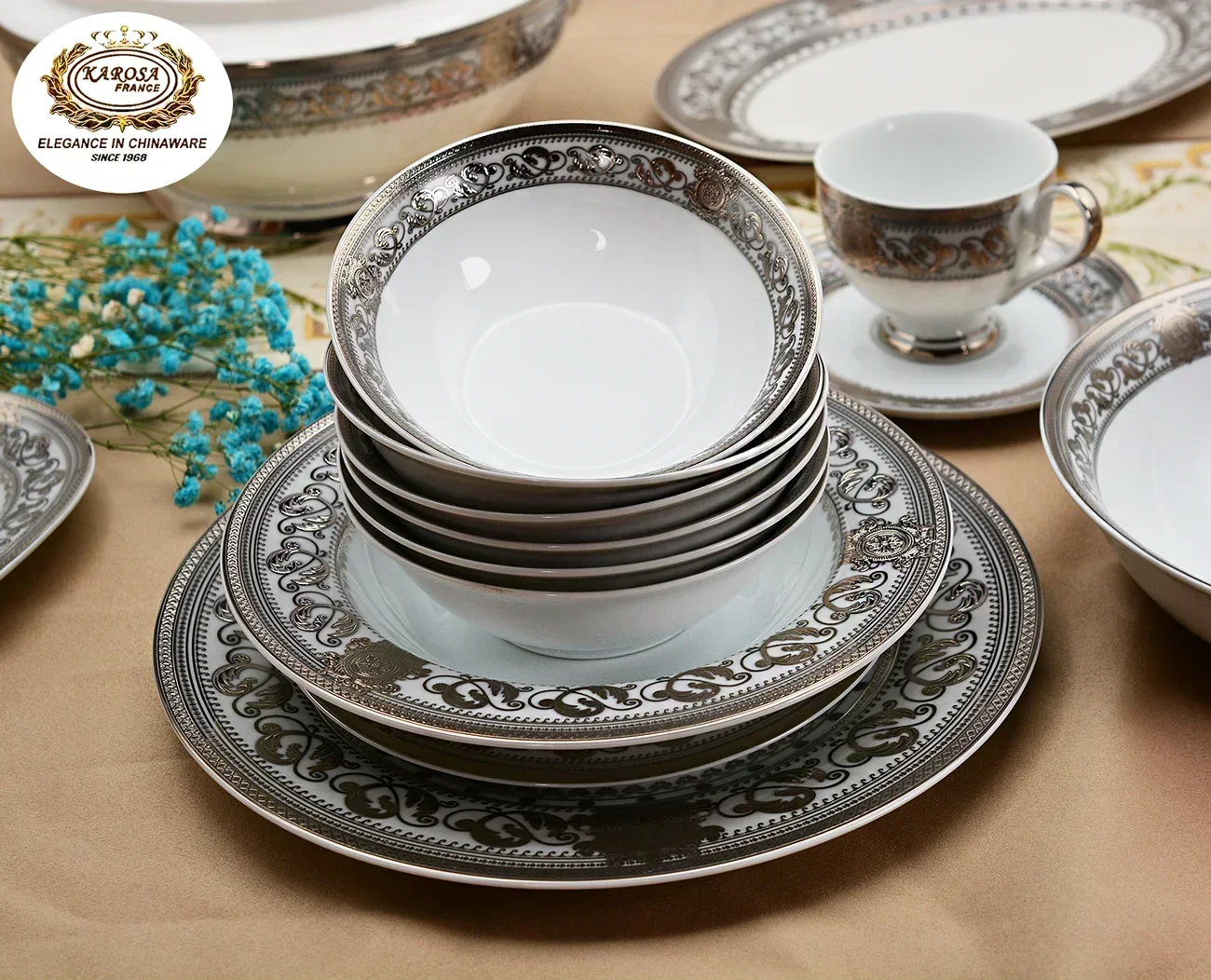 Bone China platinum decoration design tableware porcelain Dinner Soup Plate Gold Rim Dishes and bowl Set