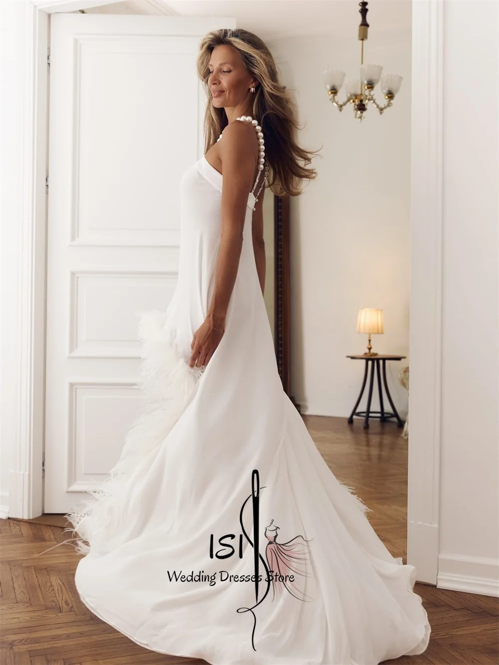 ISI Elegant Halter A-line Pearls Wedding Party Dress For Wedding Feather Ruffled Bridal Gown Robe De Mariée فساتين زفاف Customiz