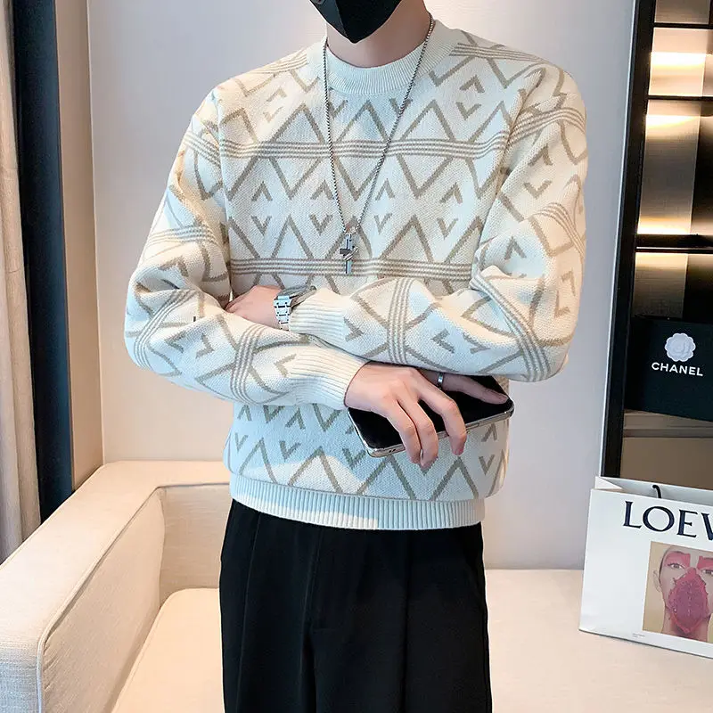 

Vintage Geometric Slim Sweaters Men's Clothing Stylish Jacquard Weave Autumn Winter Contrasting Colors O-Neck Knitted Pullovers