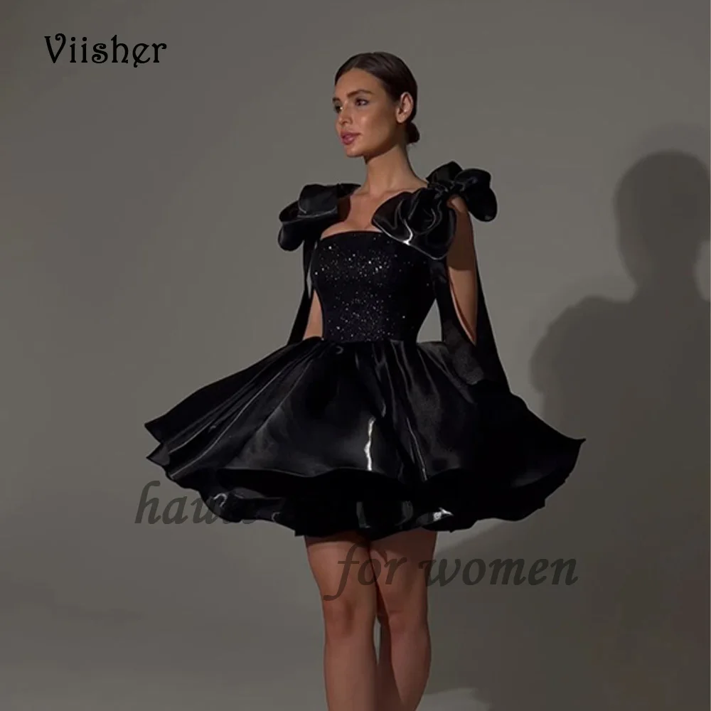 

Viisher Sparkly Black Short Prom Dresses with Bow Pockets Strapless A Line Party Dress 2024 Formal Evening Gowns