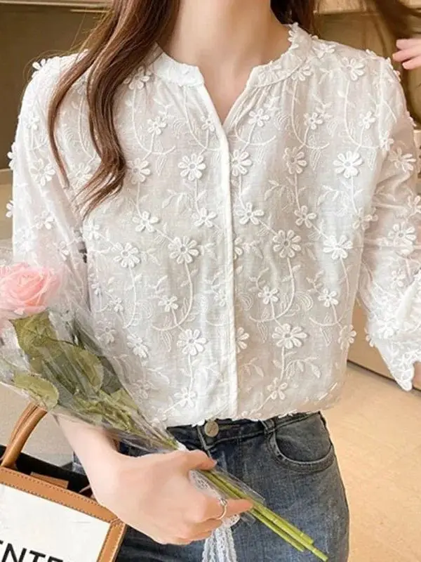 

Женская хлопковая блузка с кружевом и вышивкой, летняя, тонкая, А-силуэт, не деформируется