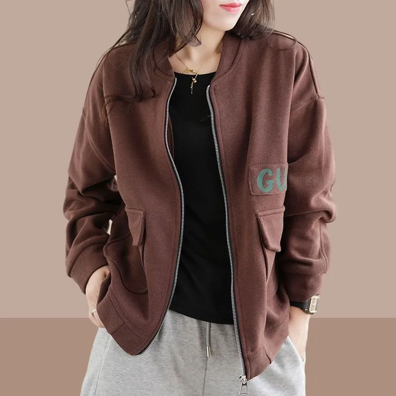 New Spring and Autumn Fashion Round Neck Zipper Cardigan Baseball Suit Loose Versatile Age Reducing Casual Short Women\'s Coat