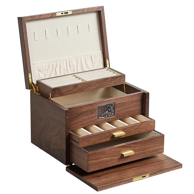 Solid wood jewelry box Multi-layer light luxury retro walnut storage box Earrings Necklace Ring Watch Beaded Jewelry Box