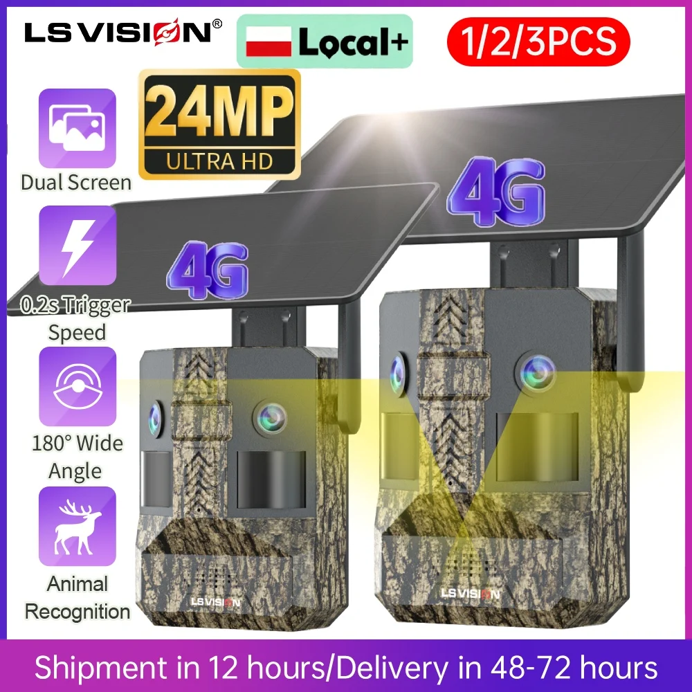 LS VISION 1-3PCS 180 °   Caméra de chasse solaire 4G à double écran et vision large, détection de mouvement PIR double, déclenchement rapide 0,2s, vision nocturne, caméra pour la faune, batterie 10400mAh