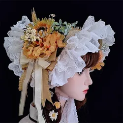 Gorgeous Gothic Vintage Girl Lolita Victorian Court Sun Hat Bnt Cosplay Flower Multilayer Lace Bead Chain Bonnet Handmade