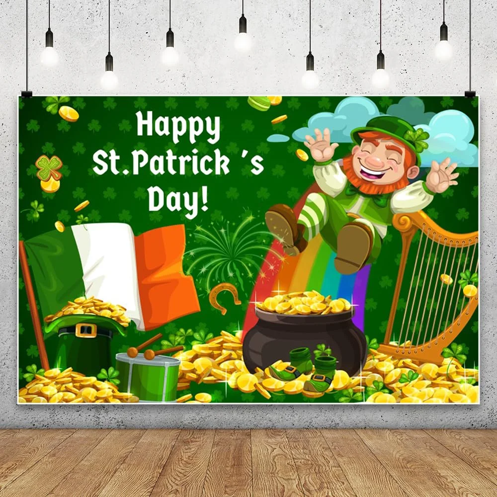 Happy St. Patrick's Day Backdrop Pot of Gold Coins Green Lucky Irish Shamrock Hat Photography Background Party Decor