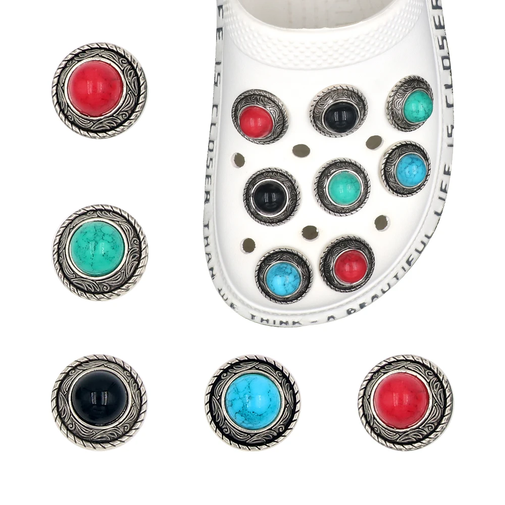 1 Set 16 Pieces Shoe Accessories Charm Pines Simulated Turquoise Badge Shape Detachable Hole Sandals Decorations Buckles Gift