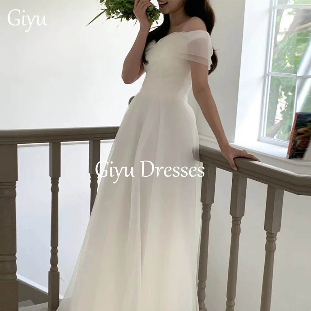 

Giyu Simple White Chiffon Wedding Dress A-Line Sweetheart Off Shoulder Sheer Cuff Korean Women Formal Bridal Gowns Customized