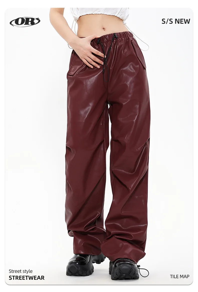 OR FL Women's American High Street Trendy Brand PU Skin Pants Wide Leg Baggy Design Sense Retro Functional Pants Trousers