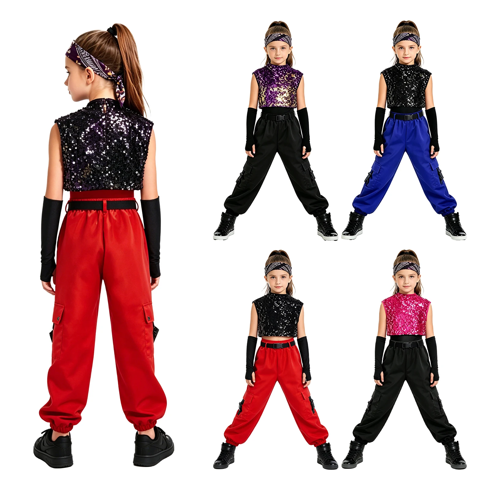 Kids Girls Fashion Tracksuit 2-in-1 Sequin Top Bodysuit with Cargo Pants Elastic Buckle Belt Gloves Hip Hop Jazz Dance Outfits