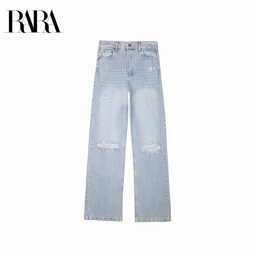 

RARA Women's Autumn New Worn Ripped Decorated Casual Loose Light Wash Denim Straight Leg Pants Simple and Versatile