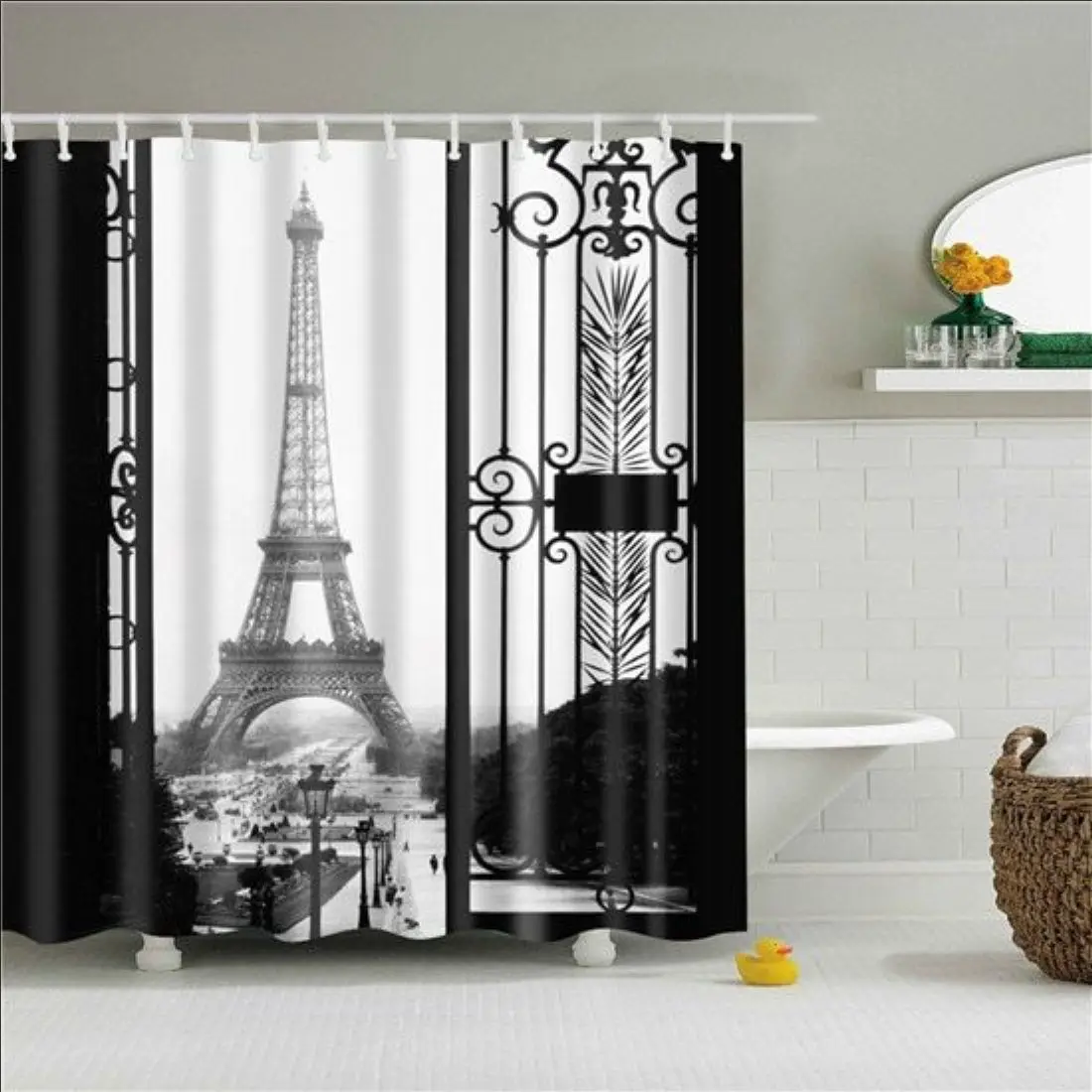 Eiffel Tower Shower Curtain Vintage Street Bathroom Waterproof Decorative with Hooks