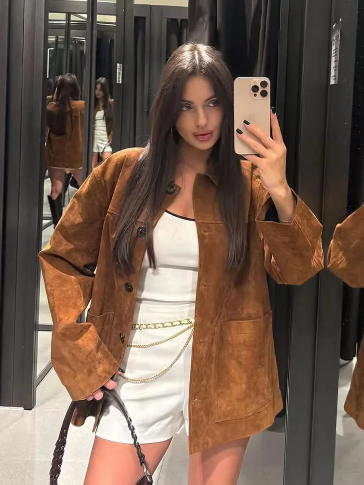 HH Women Autumn Fashion Reverse Velvet Lapel Long Sleeve With Pockets Coat Female Chic Single-breasted Casual Jacket Mujer