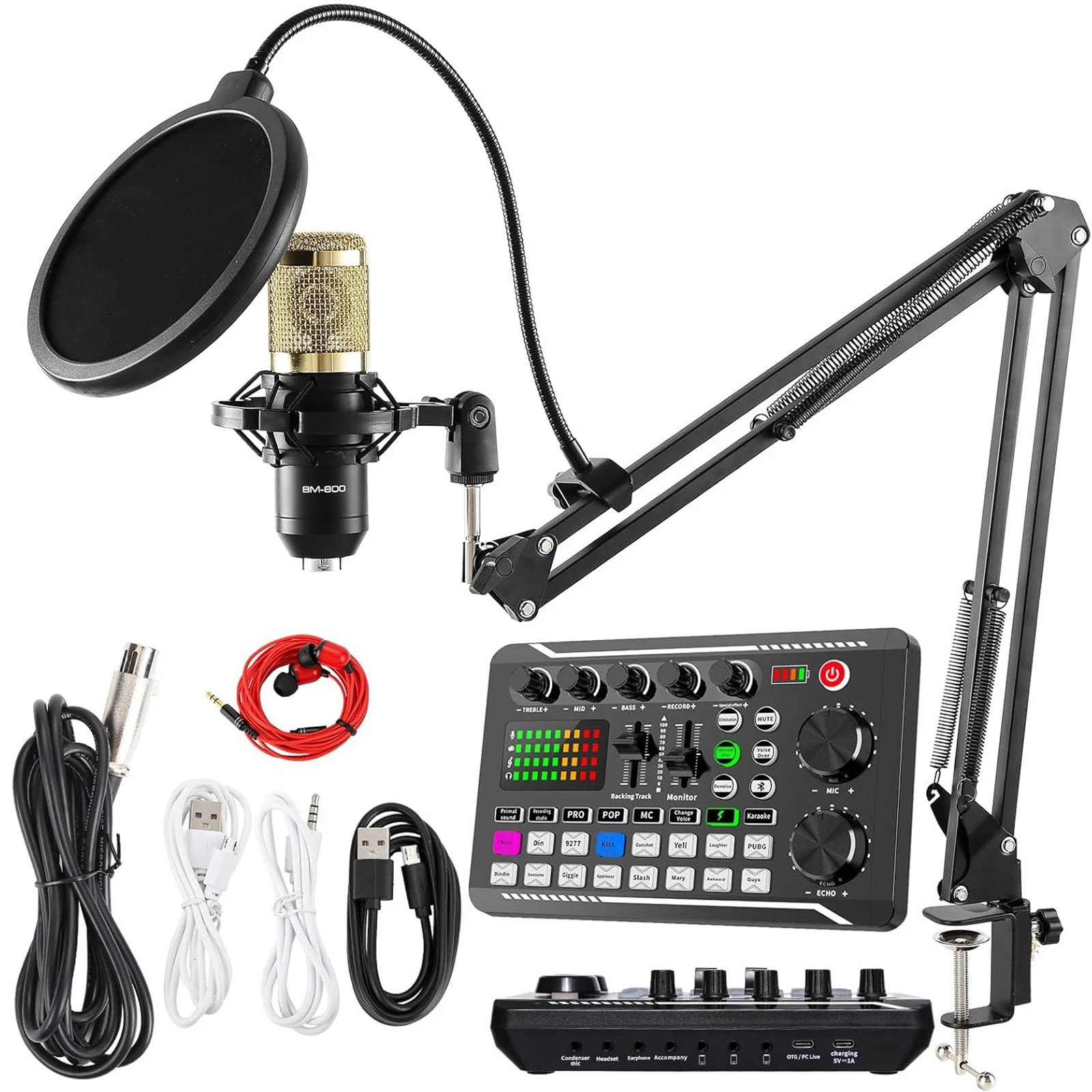 

Podcast Microphone Suit with Sound Card Audio Mixer Noise Cancelling DJ Mixer Voice Changer Type C Studio Condenser Microphones