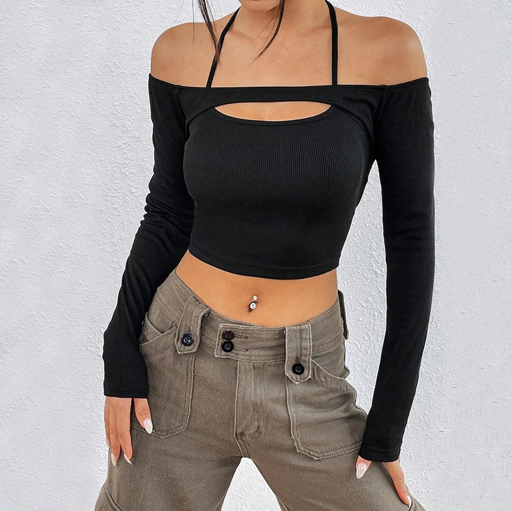 Spring Summer New Women Sexy Off Shoulder Slim Fit American Long Sleeve T Shirt Hollow Top