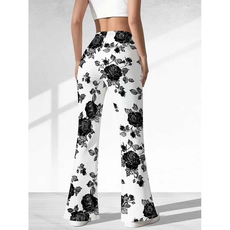 Black rose print flared pants, suitable for 7-16 year old teenagers' casual wear