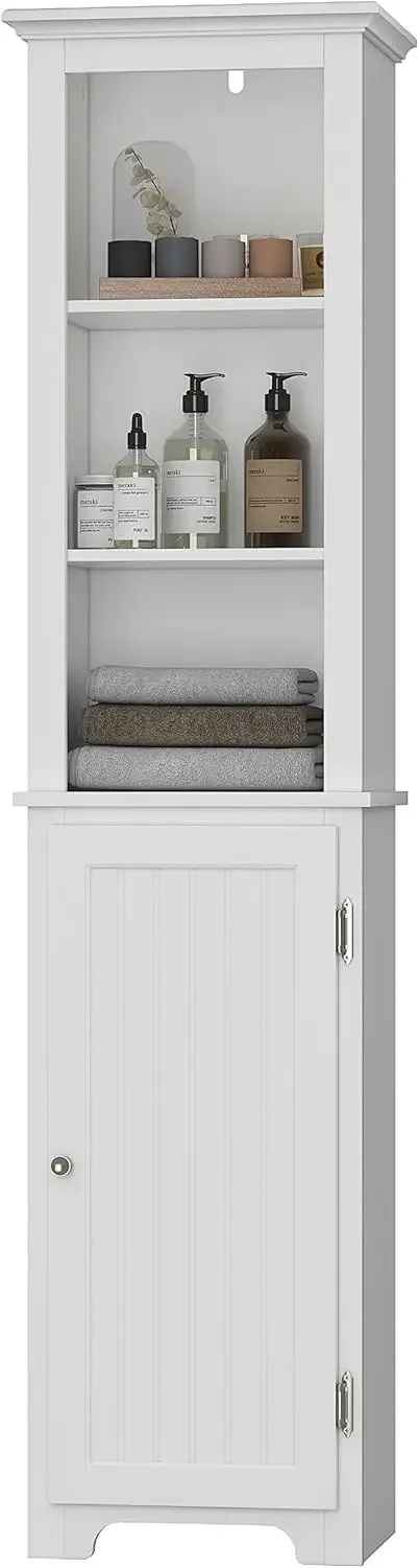 

64" Freestanding Storage Cabinet, Bathroom Tall Silm Cabinet with Doors and Adjustable Shelves, Free Standing Linen Tower