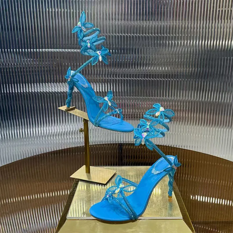 الصيف صنادل كعب عالٍ للنساء حجر الراين فراشة الأفعى خيوط حول الكاحل حزام أحذية الحفلات امرأة الكعب الصنادل امرأة #2