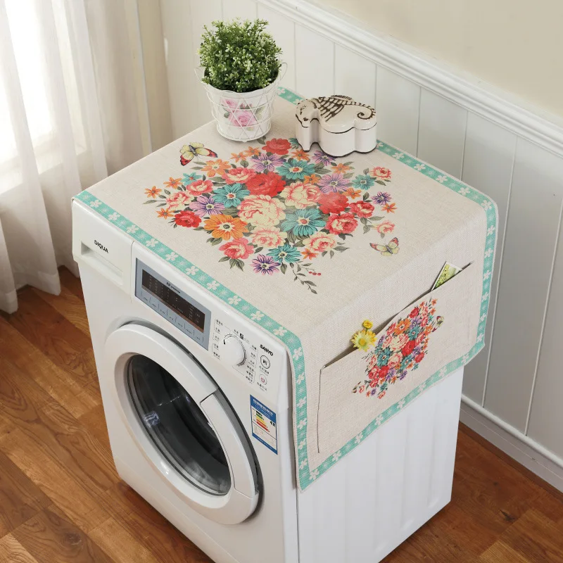 Taobao Printed Linen Refrigerator Cover Washing Machine Cover Multi-Purpose Cover Cloth Pocket Dust Cover Cross-Border One Piece image 2