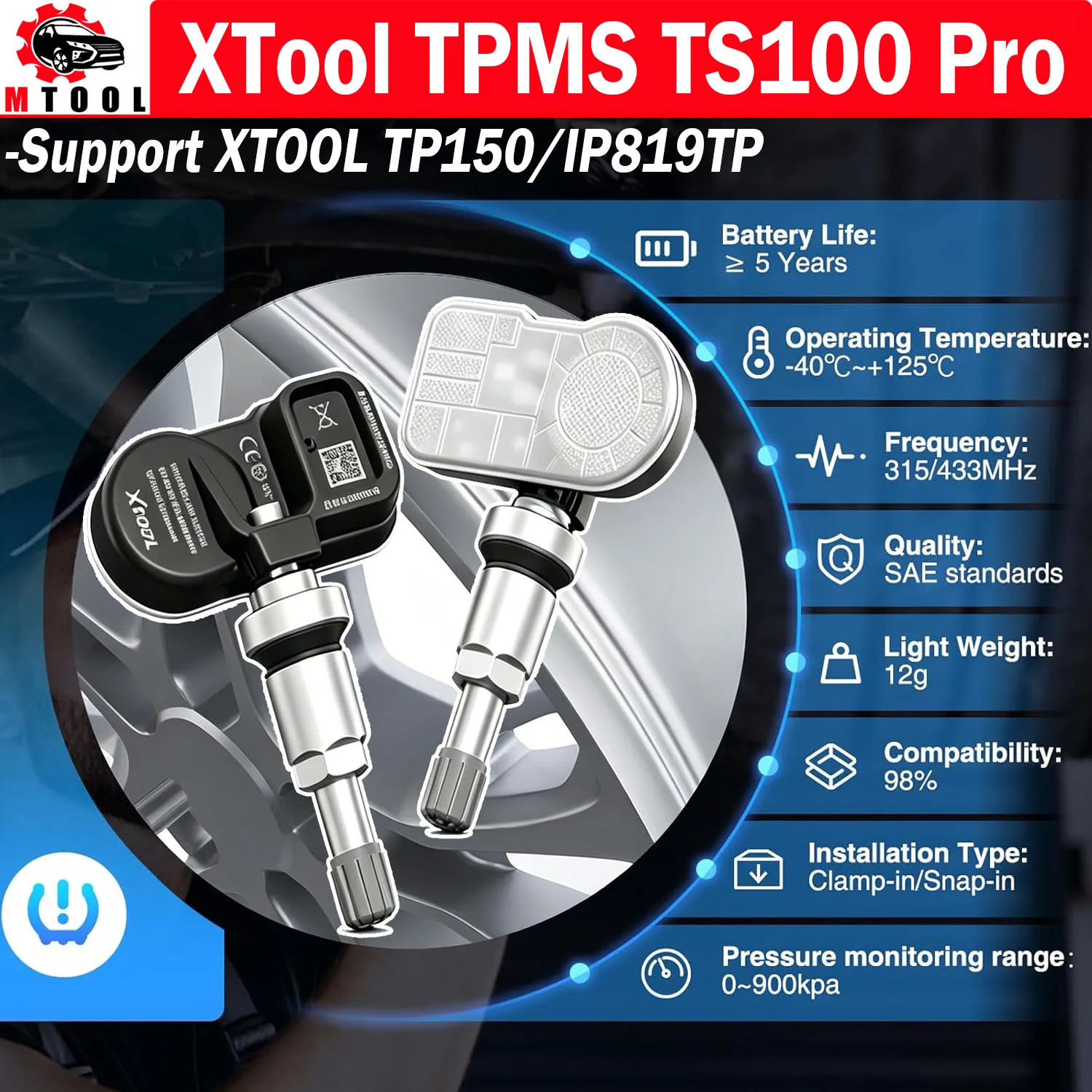XTOOL TS100PRO Sensor 315MHz 433MHz TPMS Sensor Tire Repair Tool TS100 PRO Tire Pressure Monitor Tester Program Fit TP150 IP819T