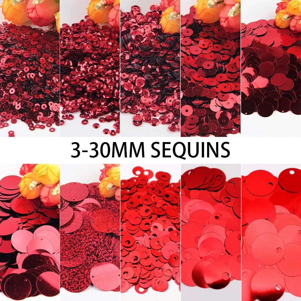 Image of 3-30mm Rote Flache Runde Lose Pailletten Laser-Großpailletten für Stickerei Kunsthandwerk Schmuckherstellung Nähzubehör