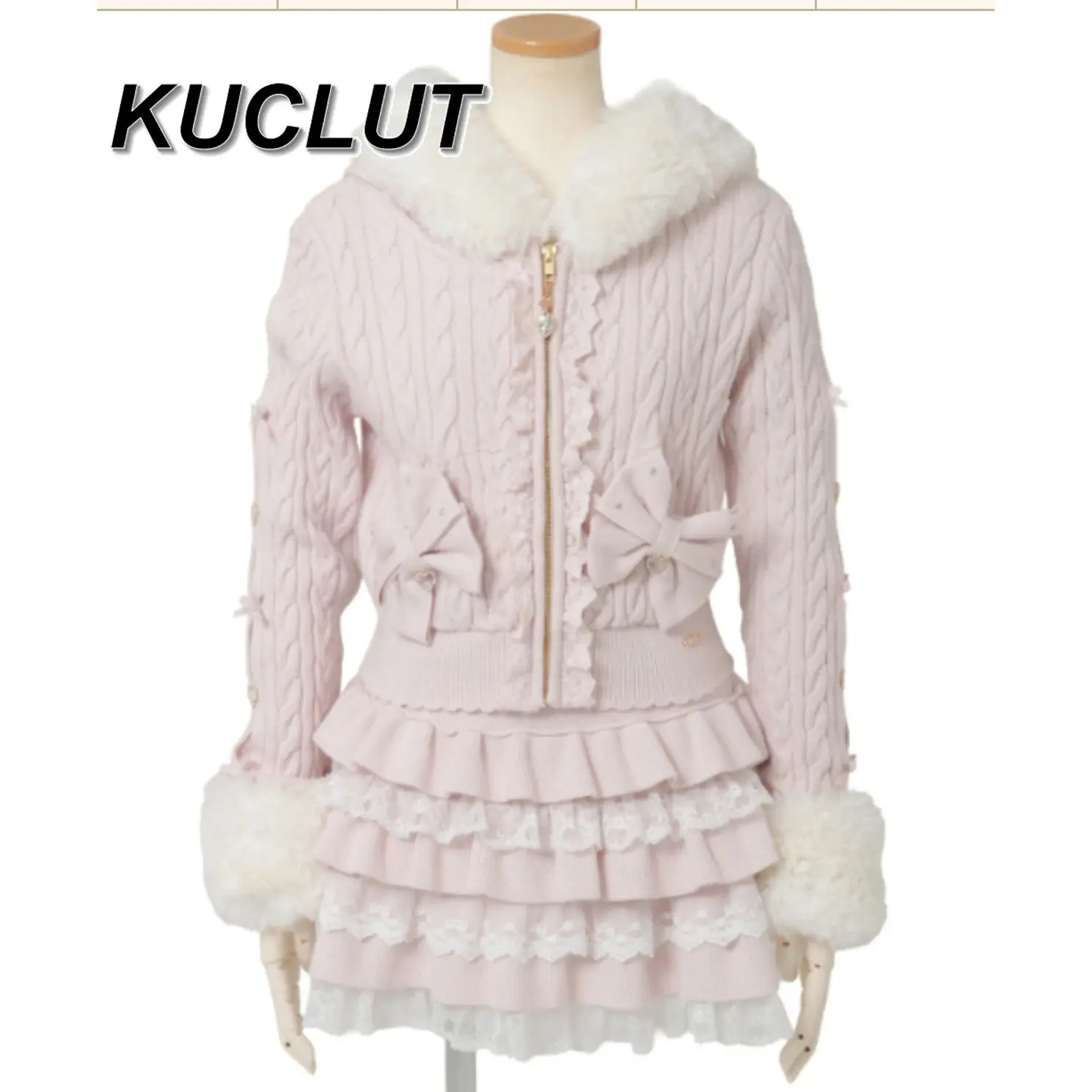 

Костюм Лолита: Японский милый и очаровательный комплект из вязаной куртки с капюшоном на молнии и короткой юбки-кейк, элегантный женский комплект из двух предметов