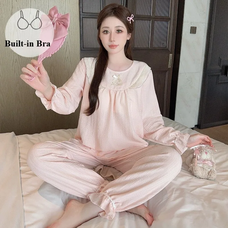 Plus Size Women Spring Autumn Loungewear Set Princess Long Sleeve Loose Pajamas with Built-in Bra Wearable Outside Sleepwear
