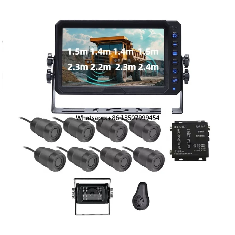 

Radar Detector with Vioce/Bibi Alarm 7 Inch Monitor with Rear View Camera Distance Reminder Truck Reverse with 8 Parking Sensors
