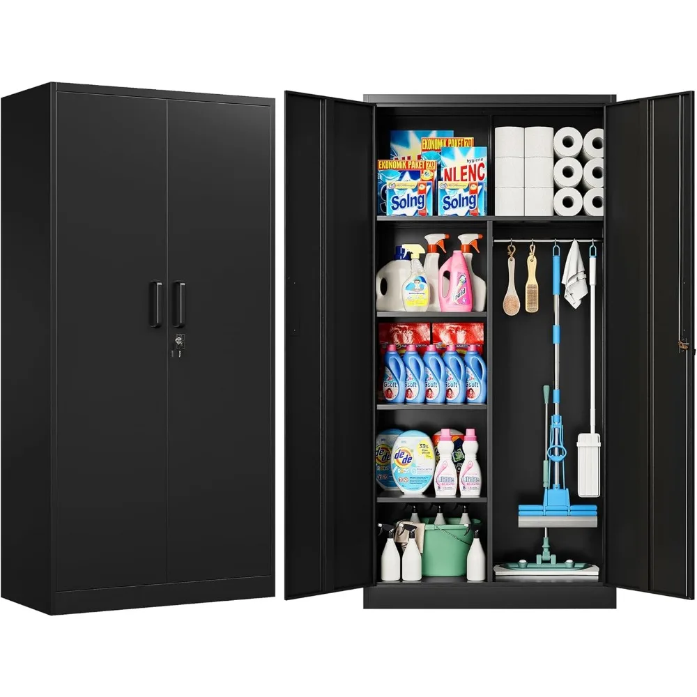 Wide & Deep Metal Storage Cabinet with Hanging Rod,Black Broom Closet Storage Cabinet with Lock,72" Tall Wardrobe, Customized