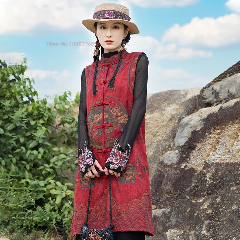 2025 الصينية خمر سترة التقليدية الوقوف طوق سترة الوطنية زهرة التطريز الجاكار سترة جاكيت بلا إكمام hanfu القمم #5