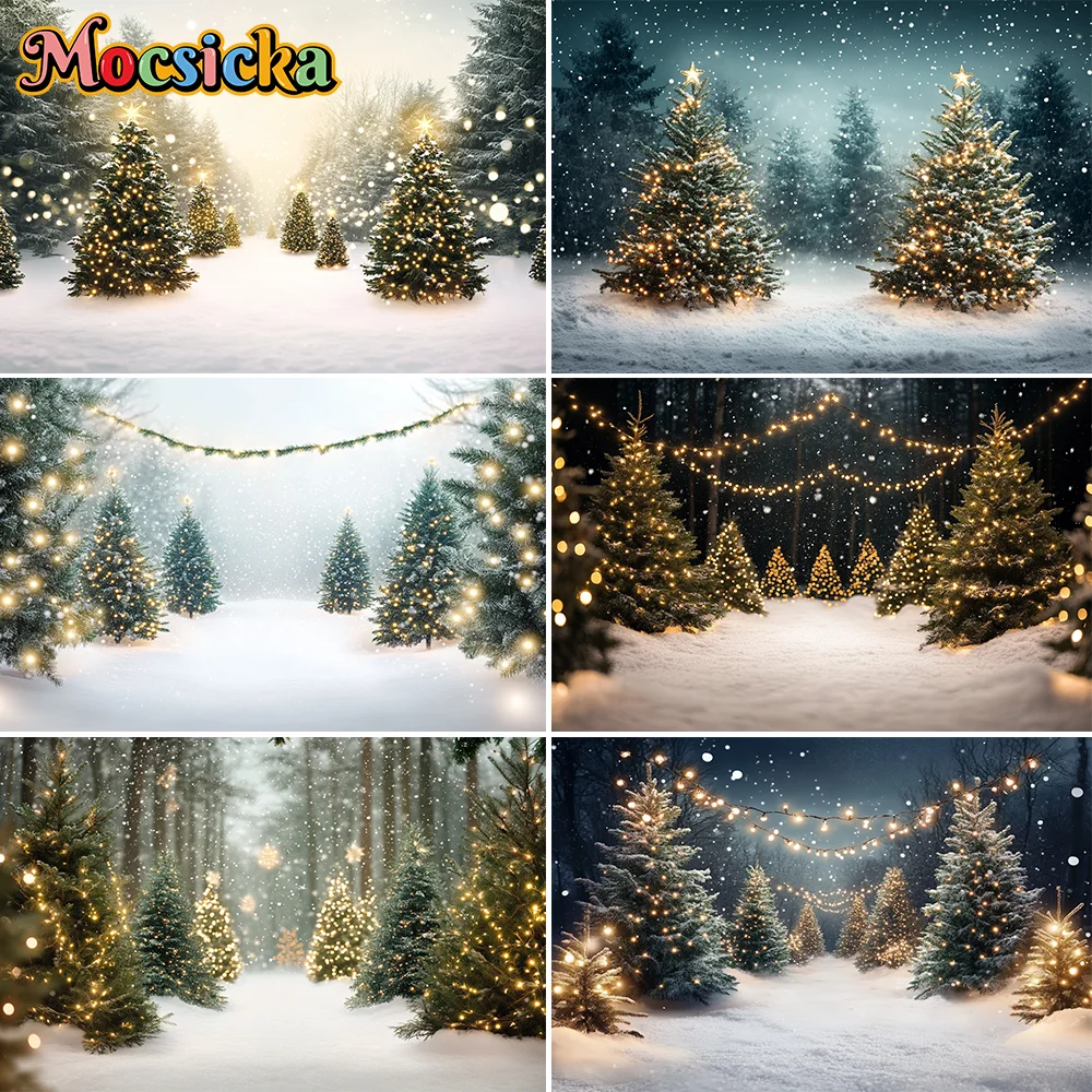 Winter Forest Snowflake Christmas Photography Backdrop Glitter Lights Snow Scene Snowfield Xmas Tree Background for Photo Studio