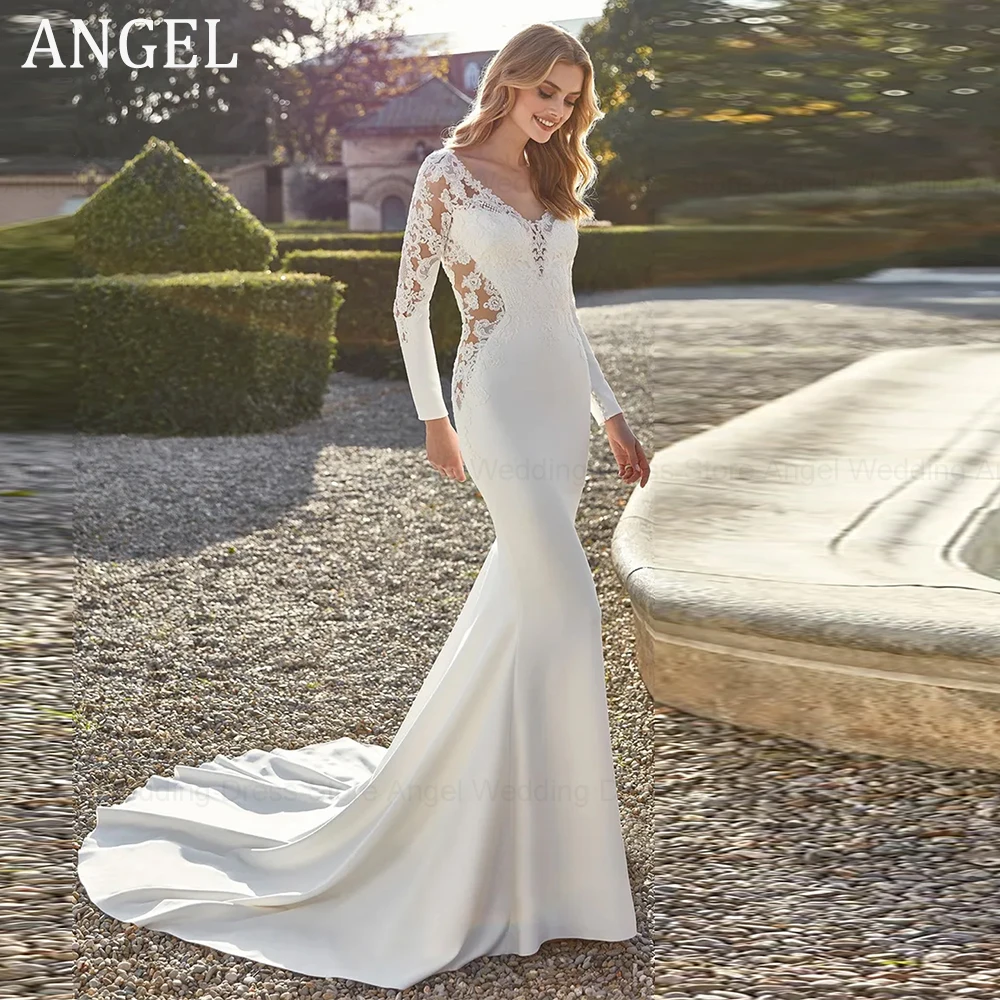 

ANGEL Elegant Lace Long Sleeve Wedding Dress For Women Soft Satin Mermaid Bride Party Illusion Button Back Vestido Novia Boda