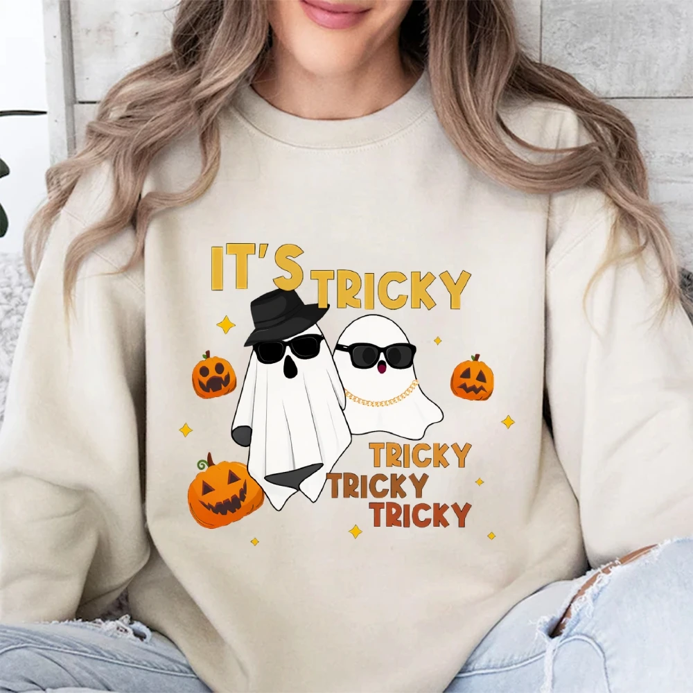 It's Tricky Tricky Halloween Sweatshirt Retro Ghost 90s Nostalgia Halloween Long Sleeve Shirt Funny Cool Pumpkin Ghost Top Women