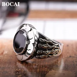 BOCAI Real S925 Pure Silver Jewelry Natural Black Agate Individual Vintage Viking Men's Ring Trendy Holiday Gifts