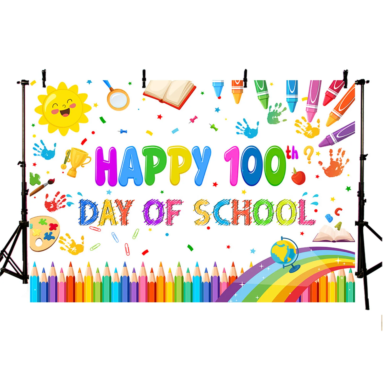 Happy 100th Day of School Backdrop Colorful Pencils Books Party Decor Kids Student Kindergarten Preschool School Background