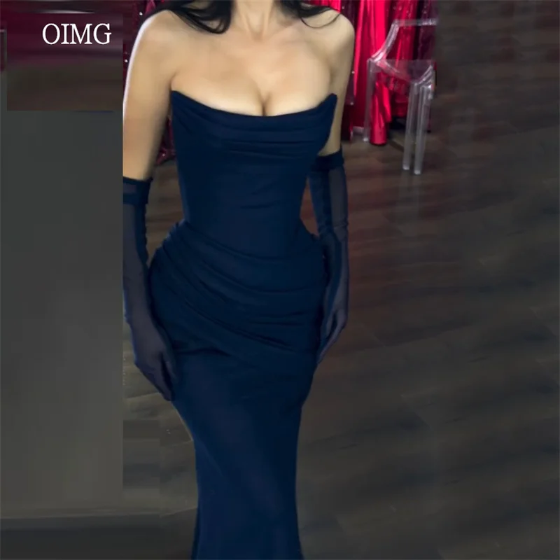 

OIMG Sexy Navy Blue Strapless Mermaid Formal Prom Gowns Backless Pleated Evening Dress Floor Length Party Dresses Customized