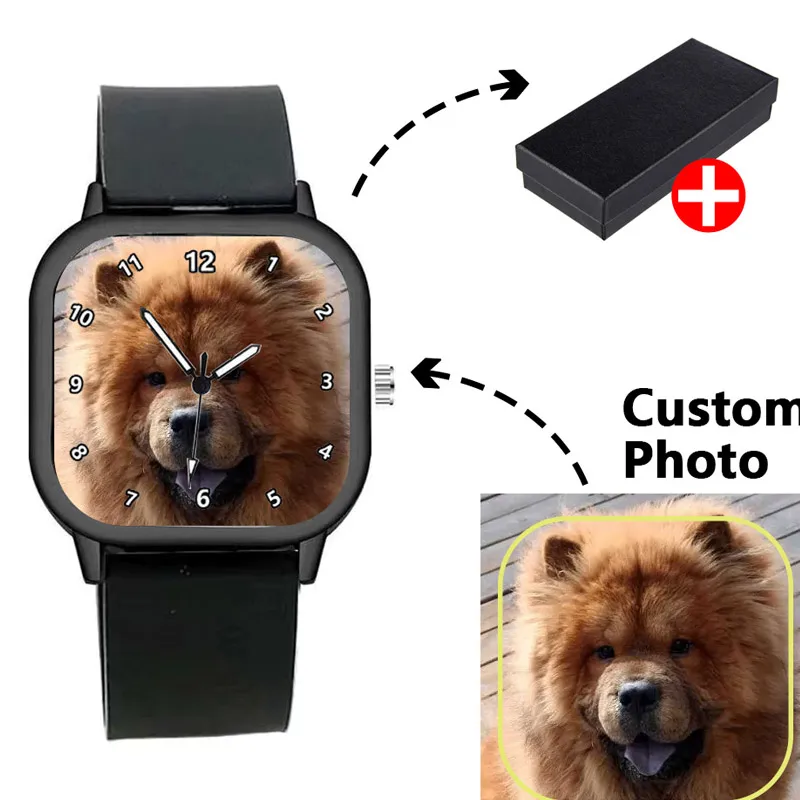 Fashion Brand Men's Watch Black Silicone Square Customizable Photo Print Pet Cartoon Logo Design Quartz Women's Watches