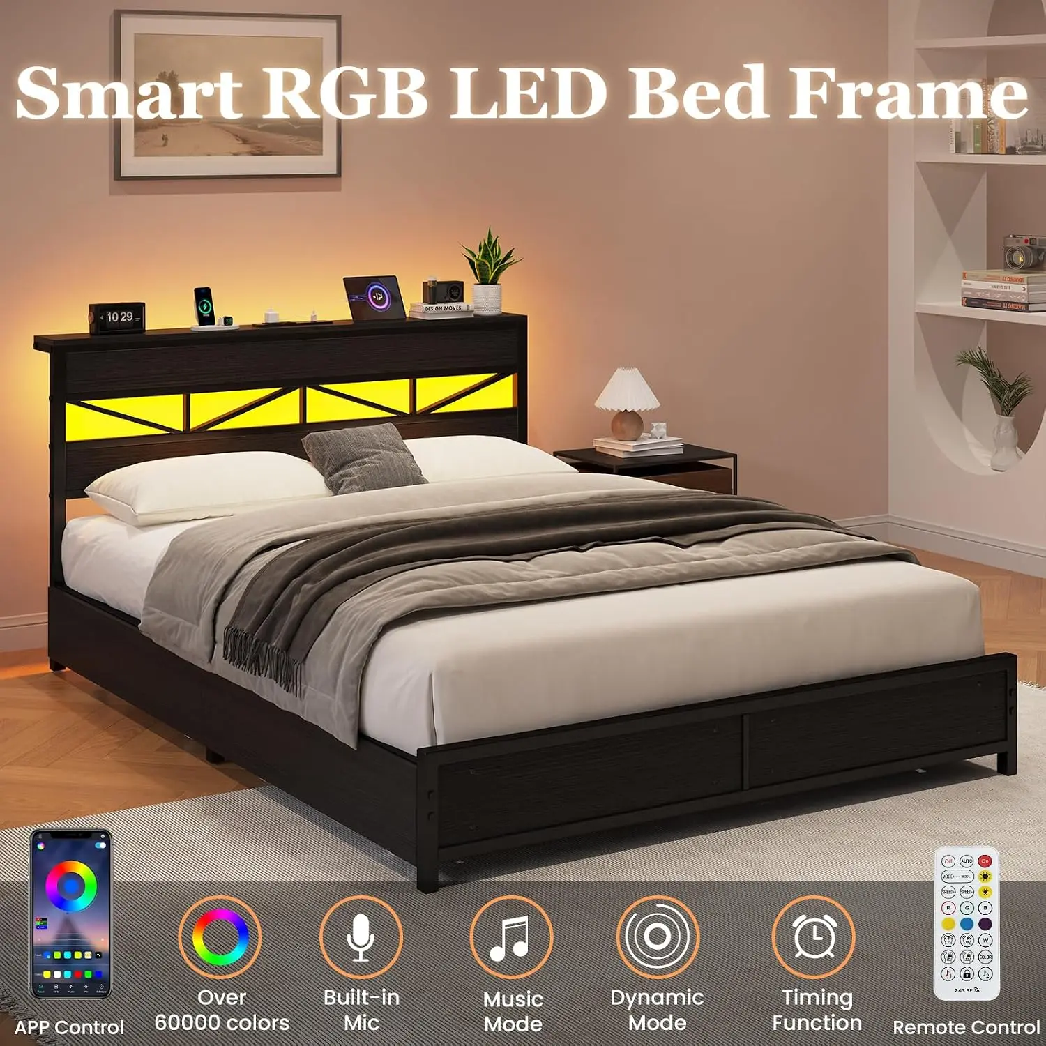 Full Bed Frame USB Charging Station 4 Storage Drawers Shelf, Customized