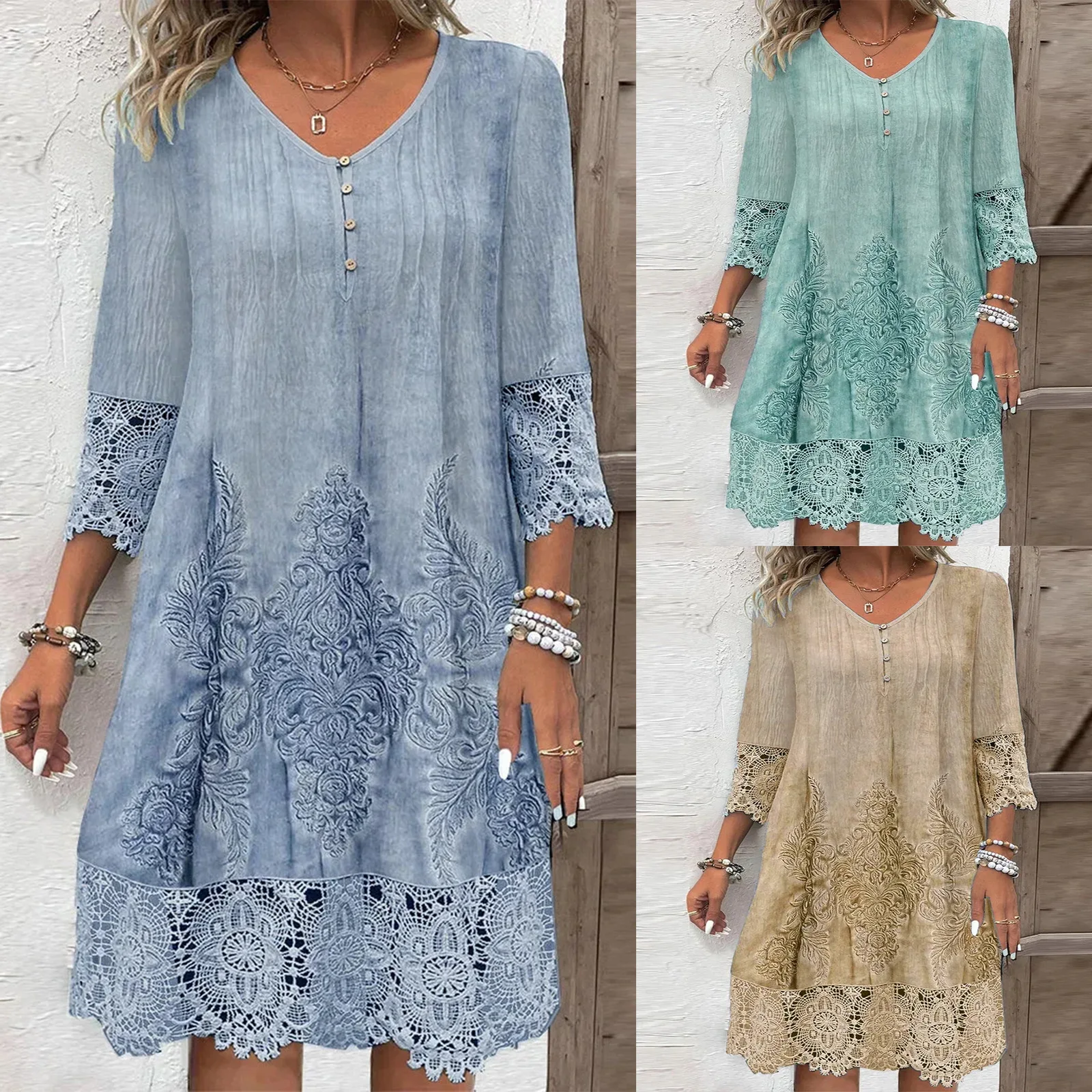 

2025 Spring and Autumn V-neck Women's New Dress Long Skirt Printed Lace European and American Cross-border