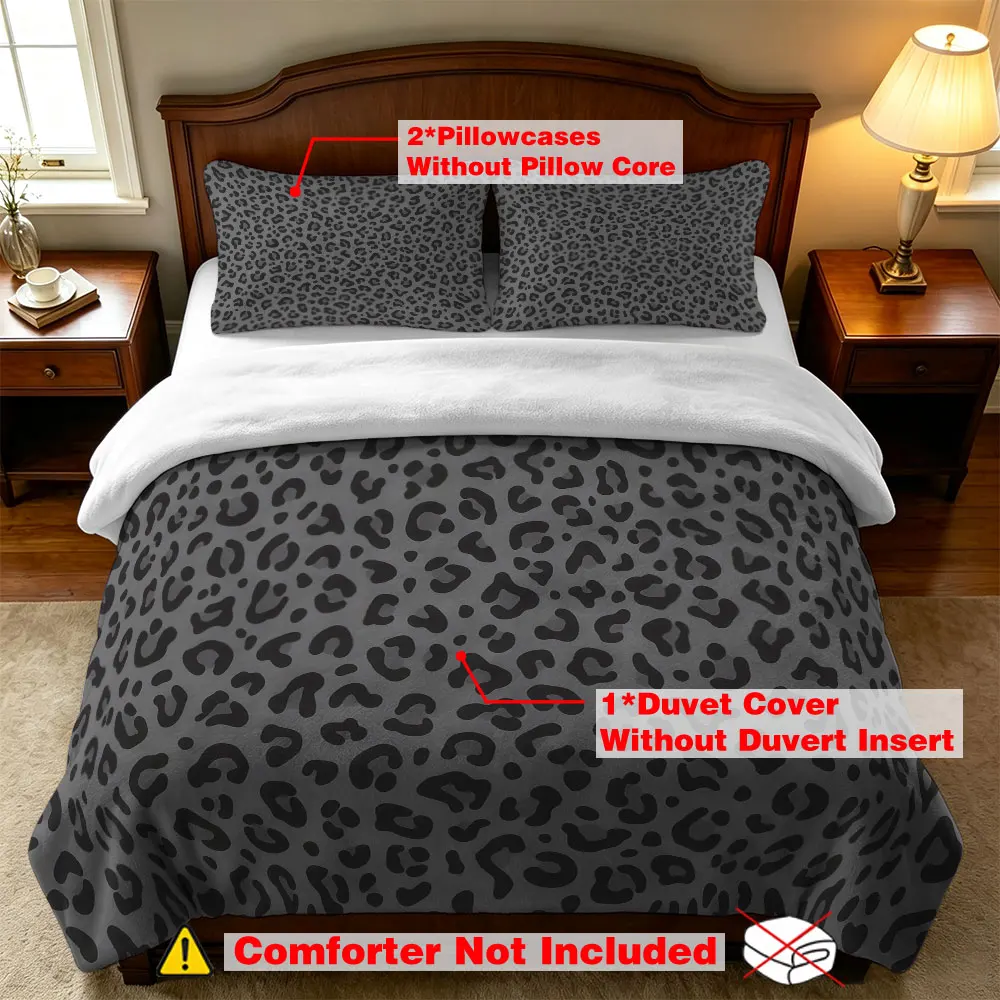 Dark Gray Leopard Print Milk Velvet Bedding Set 3Pcs Soft Warm Duvet Cover Animal Pattern Queen King Size