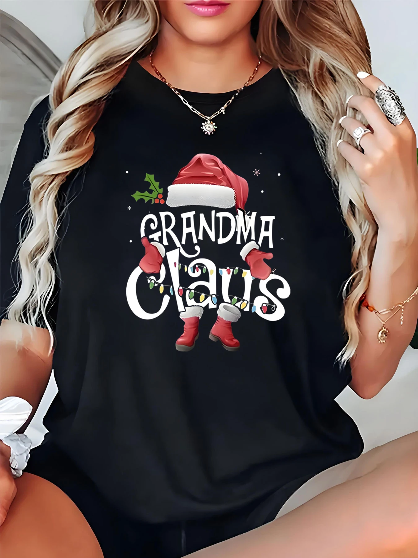 Women's Christmas Grandma Claus Print T-Shirt Holiday Party Casual Top