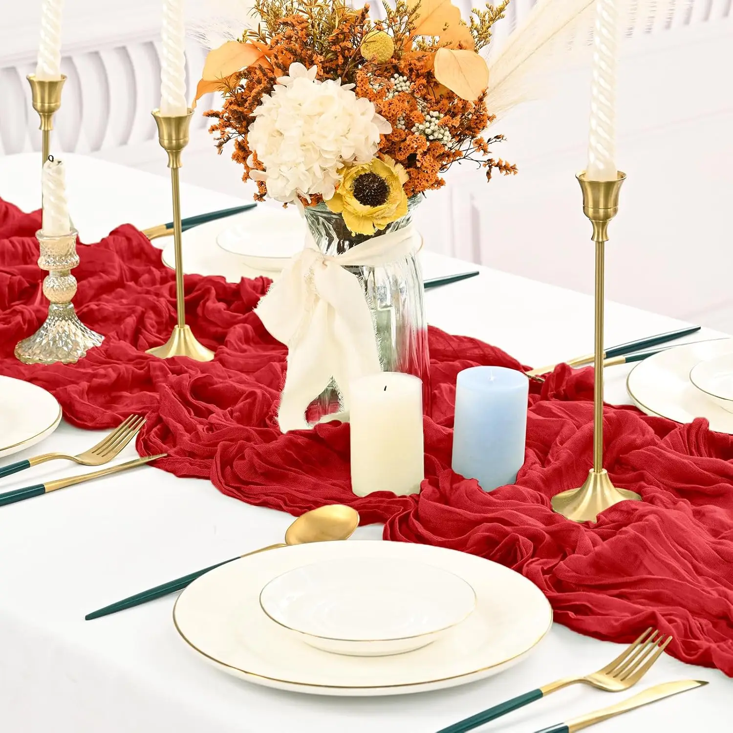 1pc Red Table Runner Cheesecloth Boho Sheer Tablecloth  Rustic Wedding Bridal Shower Party Baby Shower Holiday Home Decoration